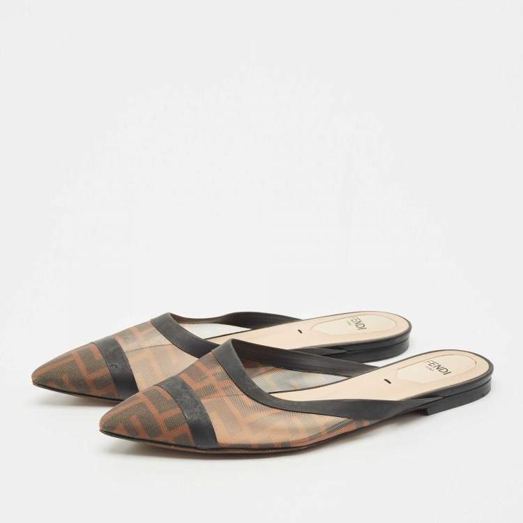 Pre Owned Fendi Tobacco FF Logo Print Mesh Colibri Pointed Toe Flat Mules Size 36