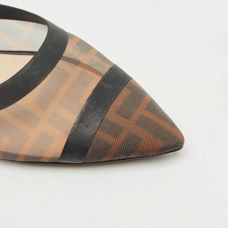 Pre Owned Fendi Tobacco FF Logo Print Mesh Colibri Pointed Toe Flat Mules Size 36