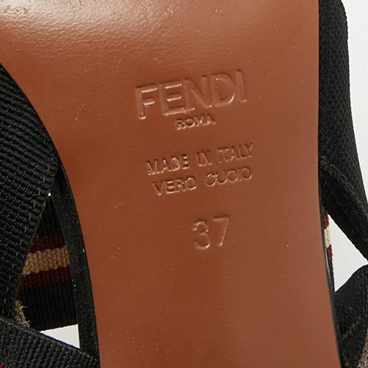 Pre Owned Fendi Brown/Black Zucca Mesh and Fabric Colibri Slingback Sandals Size 37