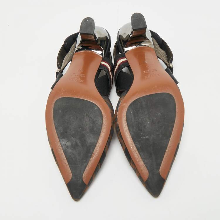 Pre Owned Fendi Brown/Black Zucca Mesh and Fabric Colibri Slingback Sandals Size 37