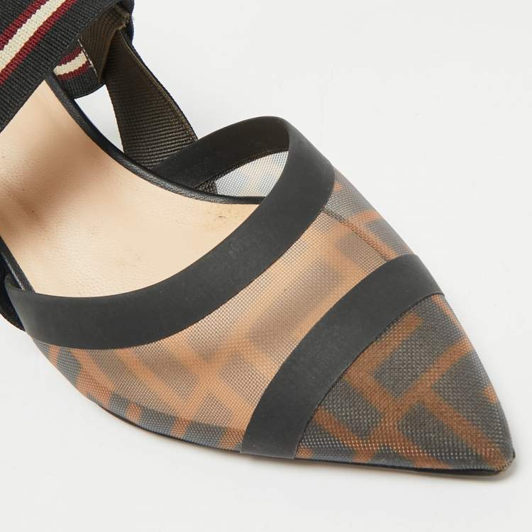 Pre Owned Fendi Brown/Black Zucca Mesh and Fabric Colibri Slingback Sandals Size 37