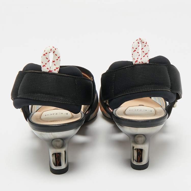 Pre Owned Fendi Brown/Black Zucca Mesh and Fabric Colibri Slingback Sandals Size 37