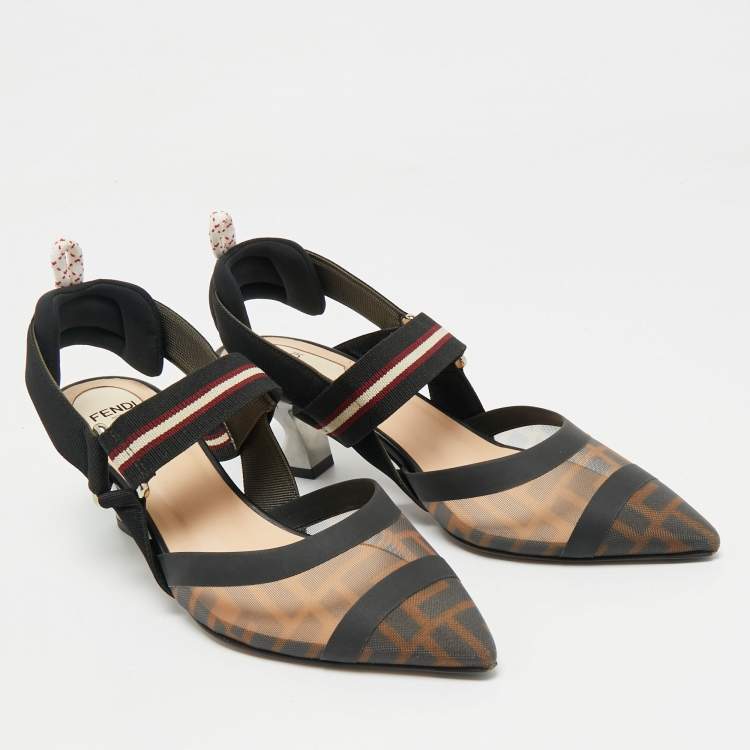 Pre Owned Fendi Brown/Black Zucca Mesh and Fabric Colibri Slingback Sandals Size 37