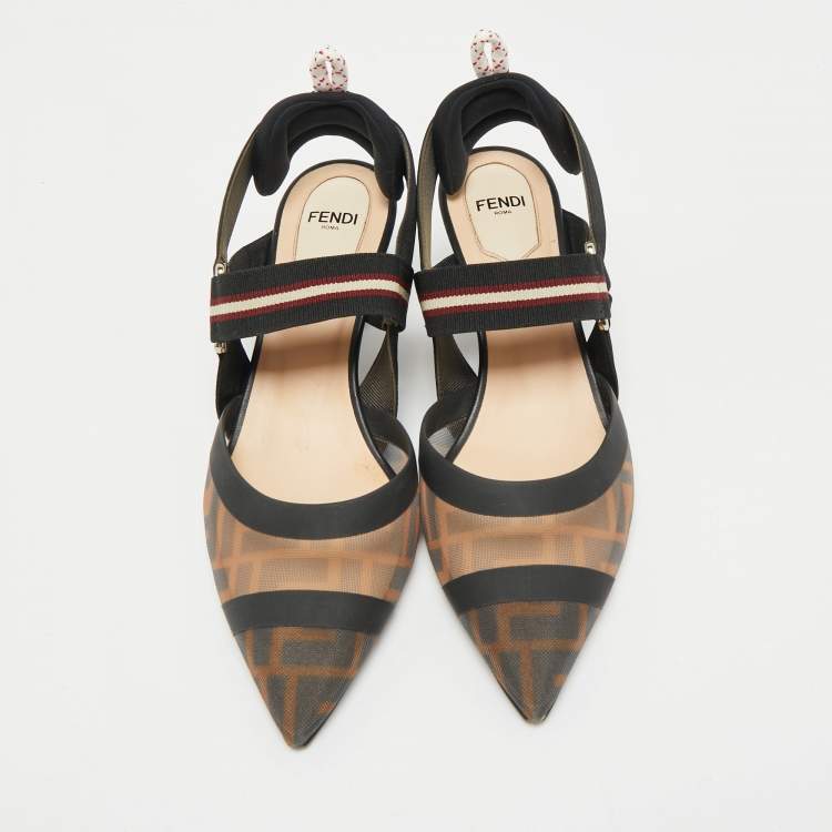 Pre Owned Fendi Brown/Black Zucca Mesh and Fabric Colibri Slingback Sandals Size 37