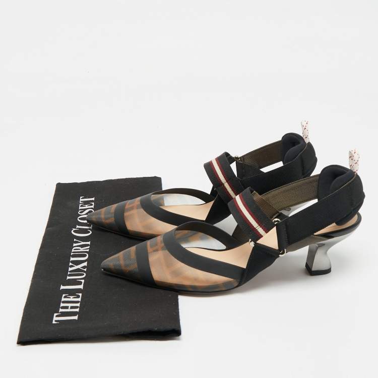 Pre Owned Fendi Brown/Black Zucca Mesh and Fabric Colibri Slingback Sandals Size 37