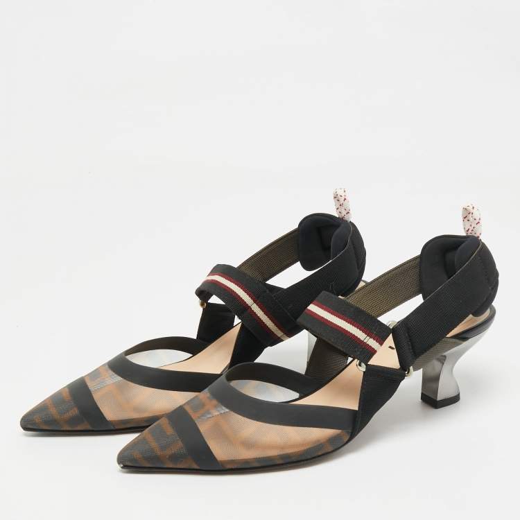 Pre Owned Fendi Brown/Black Zucca Mesh and Fabric Colibri Slingback Sandals Size 37