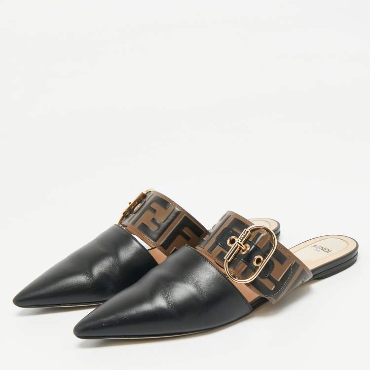 Pre Owned Fendi Black/Brown Leather FF Logo Buckle Mules Size 38