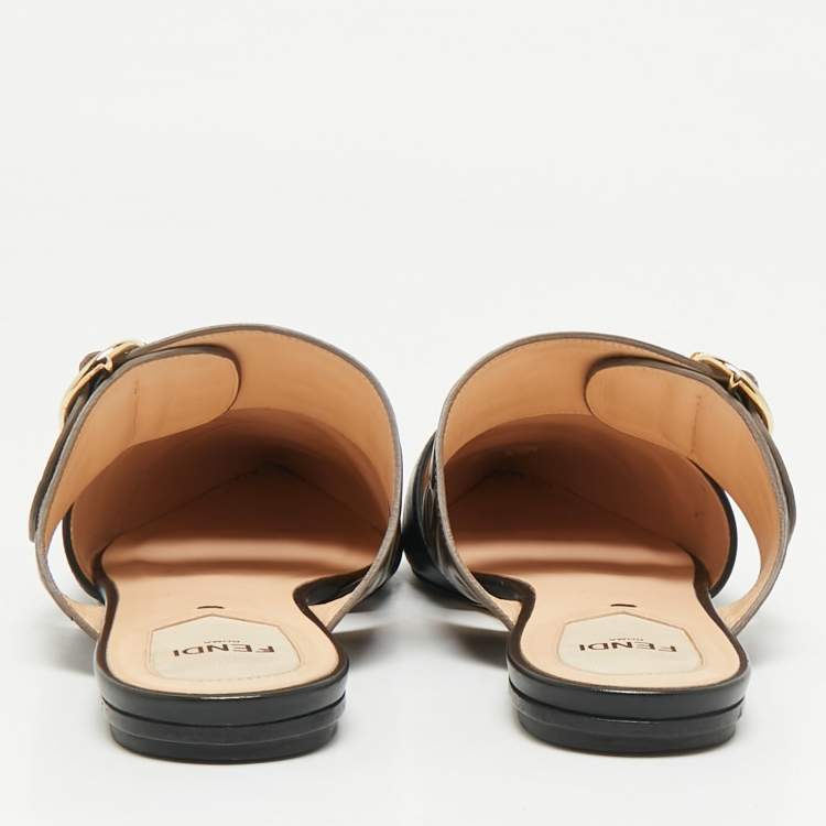Pre Owned Fendi Black/Brown Leather FF Logo Buckle Mules Size 38