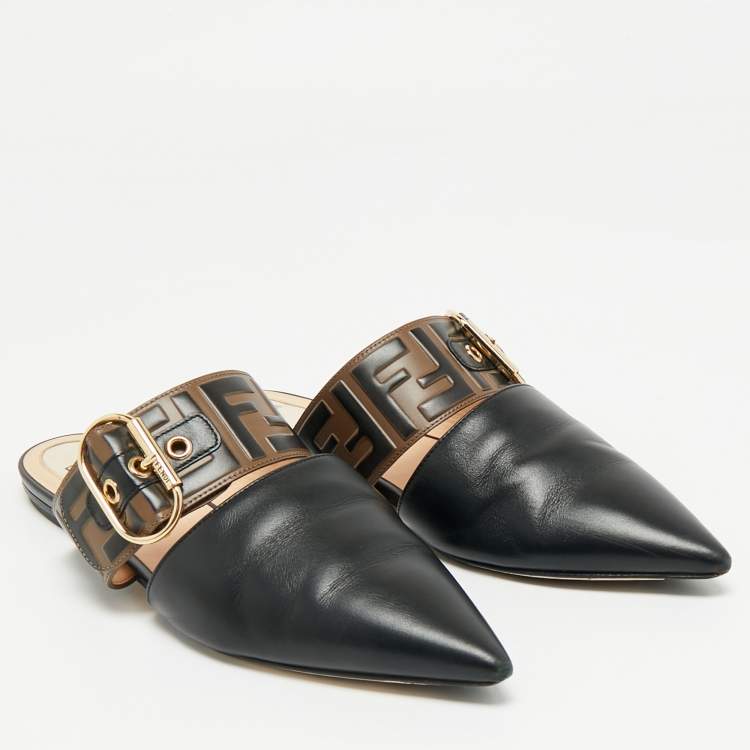 Pre Owned Fendi Black/Brown Leather FF Logo Buckle Mules Size 38