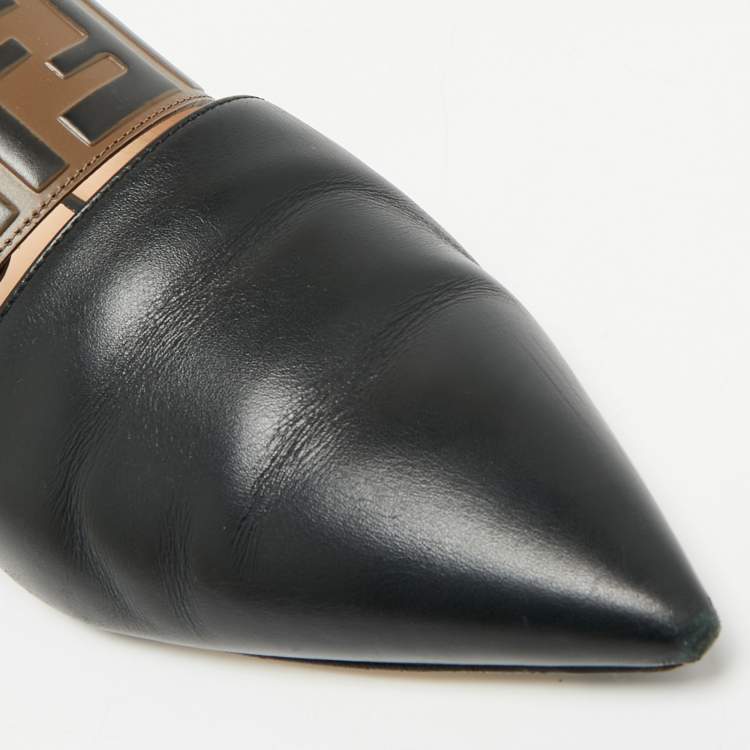 Pre Owned Fendi Black/Brown Leather FF Logo Buckle Mules Size 38