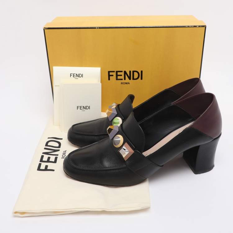 Pre Owned Fendi Black/Burgundy Leather Studded Loafer Pumps Size 41