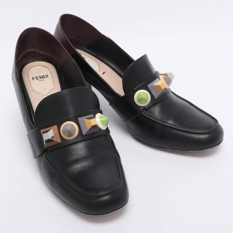 Pre Owned Fendi Black/Burgundy Leather Studded Loafer Pumps Size 41