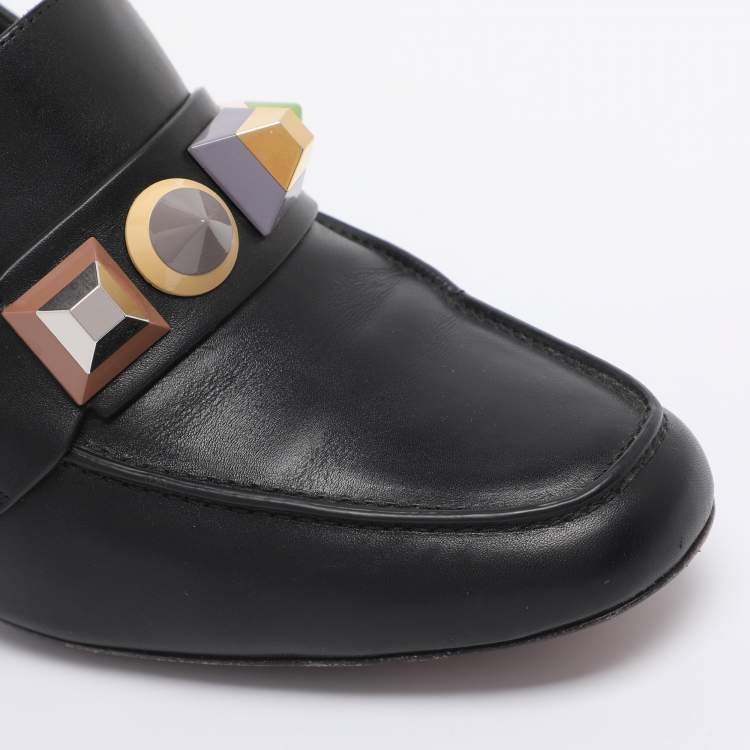 Pre Owned Fendi Black/Burgundy Leather Studded Loafer Pumps Size 41