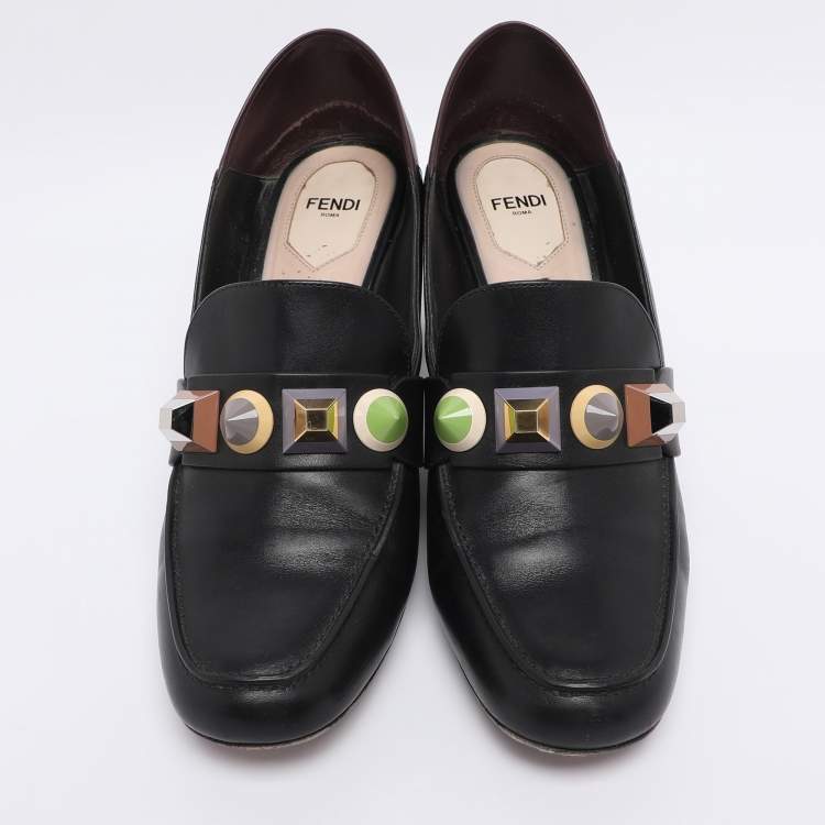 Pre Owned Fendi Black/Burgundy Leather Studded Loafer Pumps Size 41