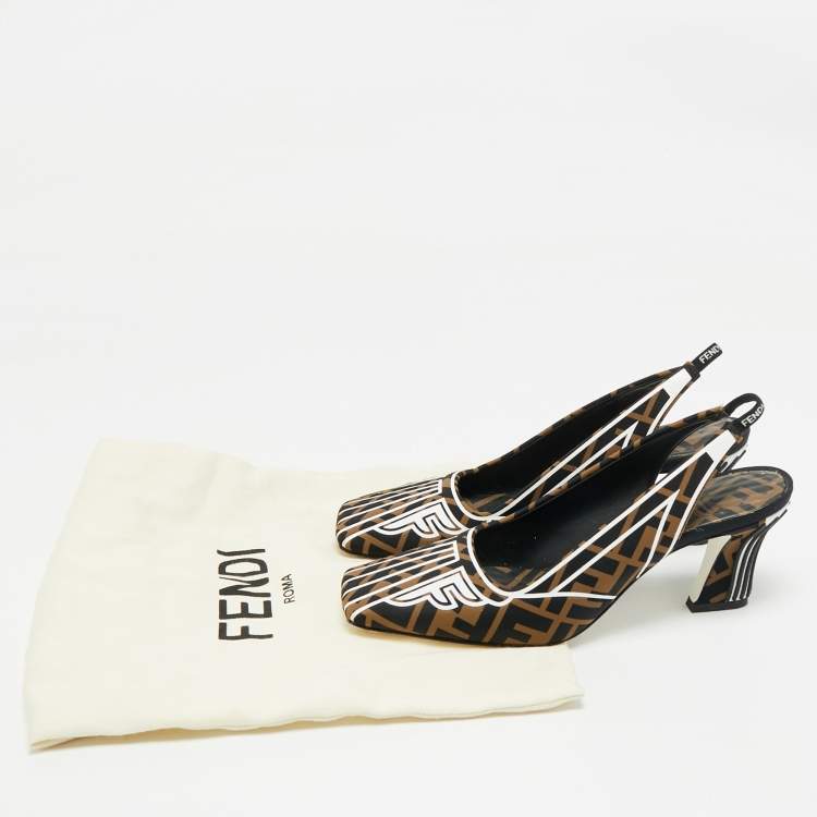 Pre Owned Fendi Tobacco Zucca Canvas and Leather FFreedom Slingback Pumps Size 37