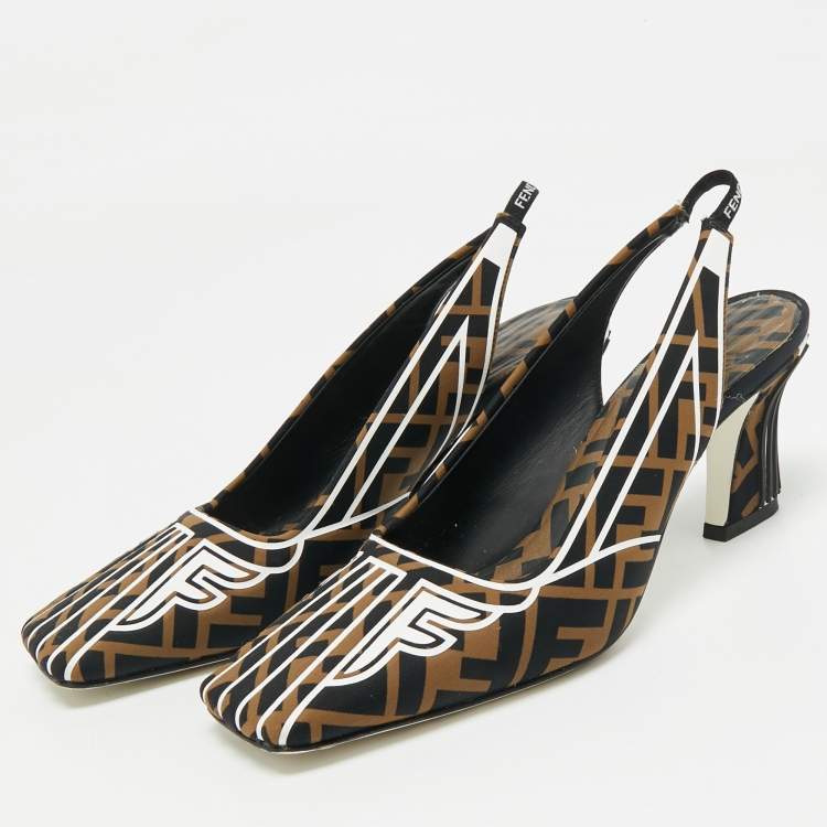 Pre Owned Fendi Tobacco Zucca Canvas and Leather FFreedom Slingback Pumps Size 37
