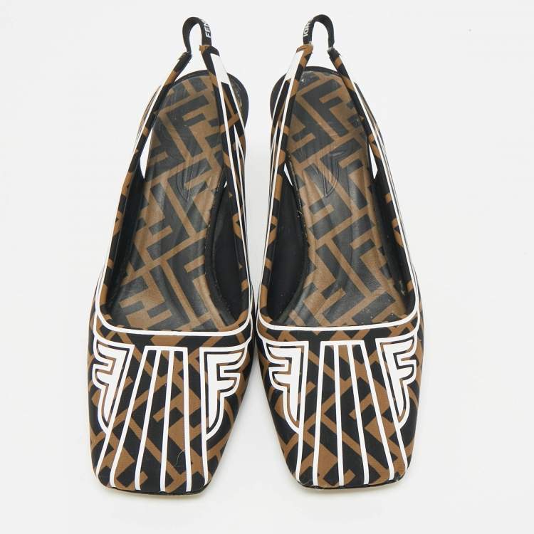 Pre Owned Fendi Tobacco Zucca Canvas and Leather FFreedom Slingback Pumps Size 37