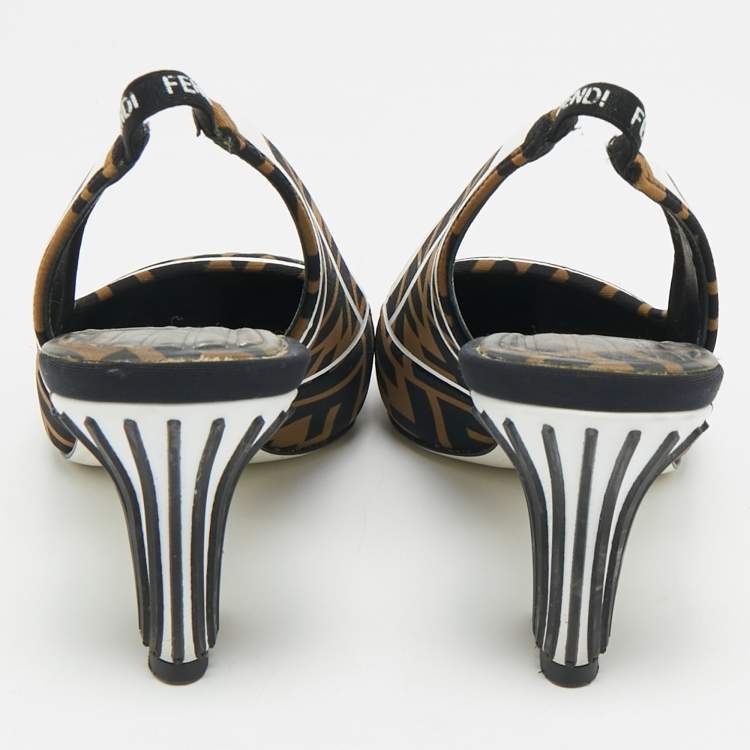 Pre Owned Fendi Tobacco Zucca Canvas and Leather FFreedom Slingback Pumps Size 37