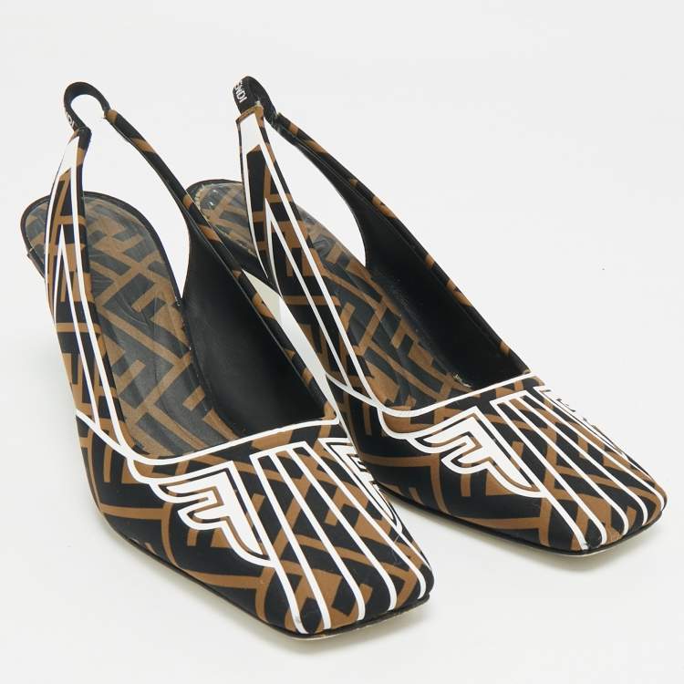 Pre Owned Fendi Tobacco Zucca Canvas and Leather FFreedom Slingback Pumps Size 37