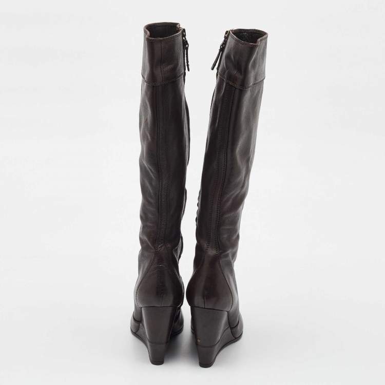 Pre Owned Fendi Dark Brown Leather Knee Length Wedge Boots Size 39