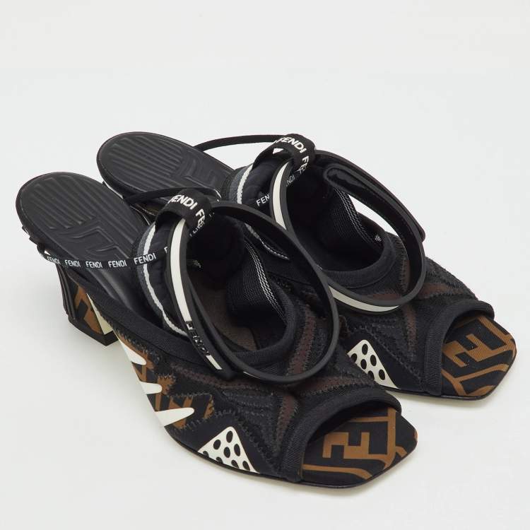 Pre Owned Fendi Black/Brown FF Neoprene and Mesh Freedom Patchwork Slingback Sandals Size 36