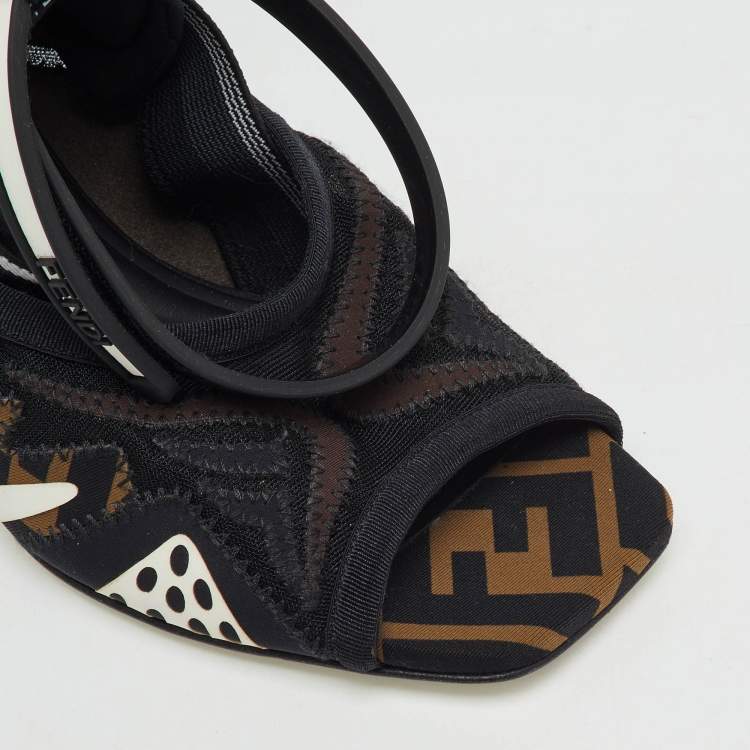 Pre Owned Fendi Black/Brown FF Neoprene and Mesh Freedom Patchwork Slingback Sandals Size 36