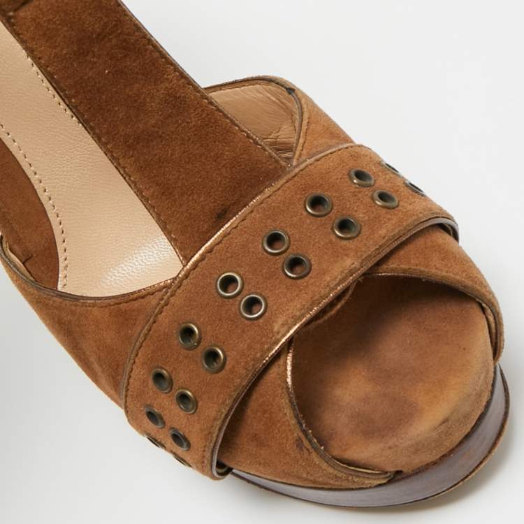 Pre Owned Fendi Brown Suede  T-Bar Ankle-Strap Platform Sandals Size 39