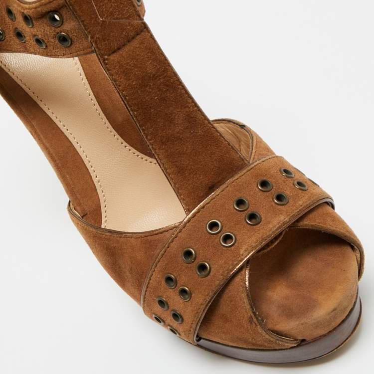 Pre Owned Fendi Brown Suede  T-Bar Ankle-Strap Platform Sandals Size 39