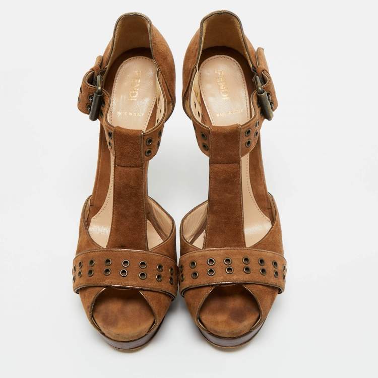 Pre Owned Fendi Brown Suede  T-Bar Ankle-Strap Platform Sandals Size 39