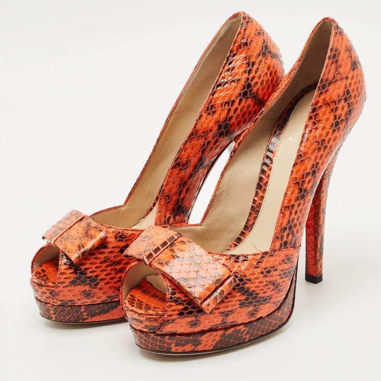 Pre Owned Fendi Orange/Brown Python Leather Peep Toe Platform Pumps Size 40
