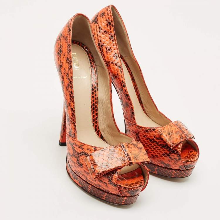 Pre Owned Fendi Orange/Brown Python Leather Peep Toe Platform Pumps Size 40