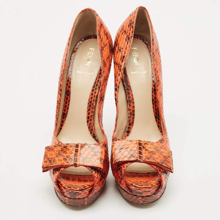 Pre Owned Fendi Orange/Brown Python Leather Peep Toe Platform Pumps Size 40