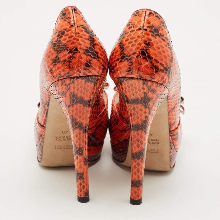 Pre Owned Fendi Orange/Brown Python Leather Peep Toe Platform Pumps Size 40