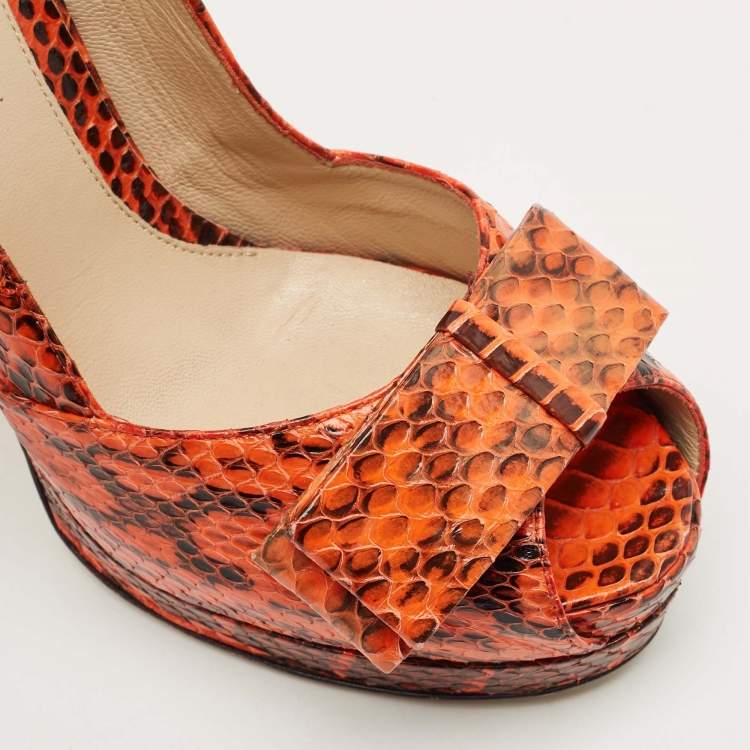Pre Owned Fendi Orange/Brown Python Leather Peep Toe Platform Pumps Size 40