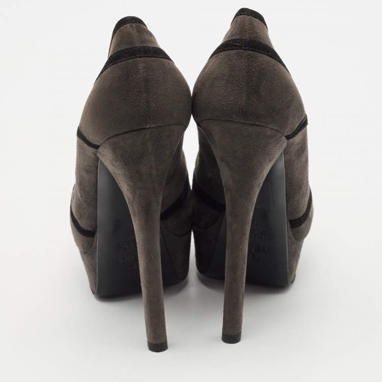 Pre Owned Fendi Dark Grey Suede Peep Toe Platform Pumps Size 39