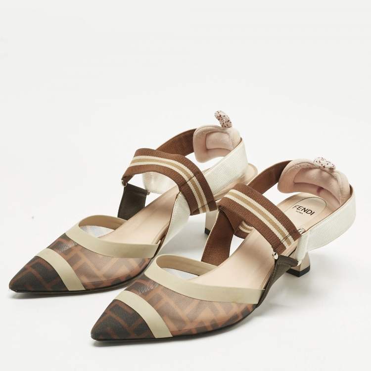 Pre Owned Fendi Multicolor Fabric and Leather Colibri Slingback Pumps Size 38.5