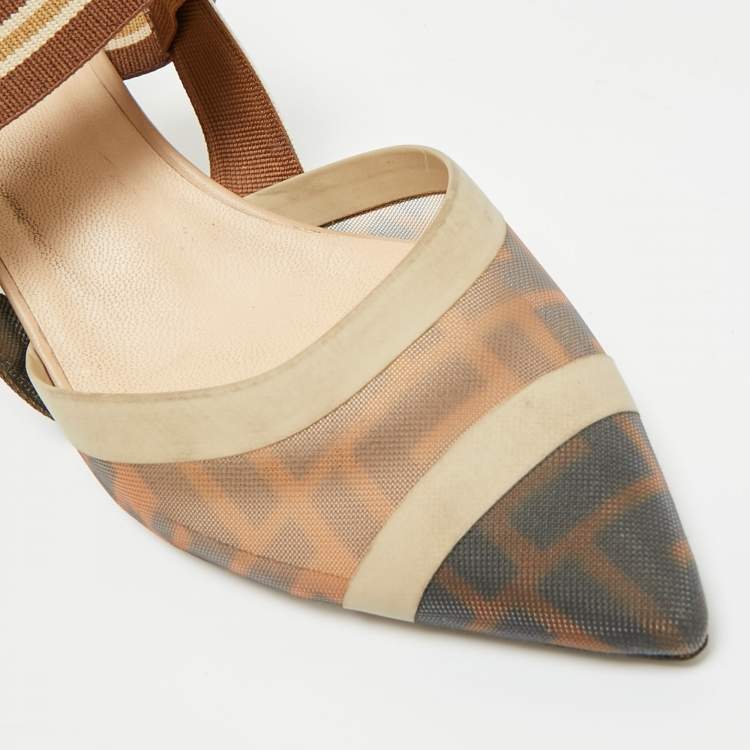 Pre Owned Fendi Brown/Beige Mesh and Canvas Colibri Slingback Pumps Size 39