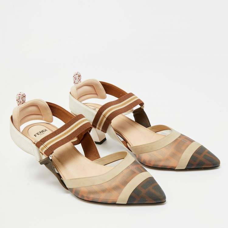 Pre Owned Fendi Brown/Beige Mesh and Canvas Colibri Slingback Pumps Size 39