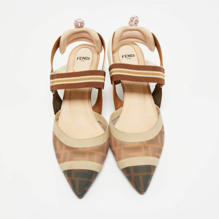 Pre Owned Fendi Brown/Beige Mesh and Canvas Colibri Slingback Pumps Size 39