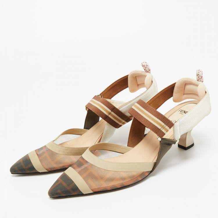 Pre Owned Fendi Brown/Beige Mesh and Canvas Colibri Slingback Pumps Size 39