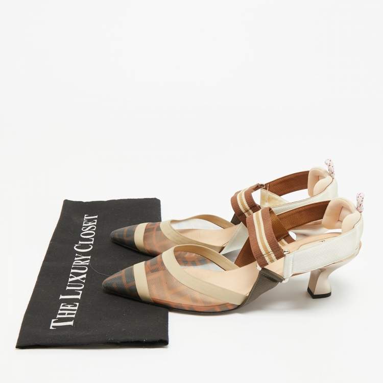 Pre Owned Fendi Brown/Beige Mesh and Canvas Colibri Slingback Pumps Size 39