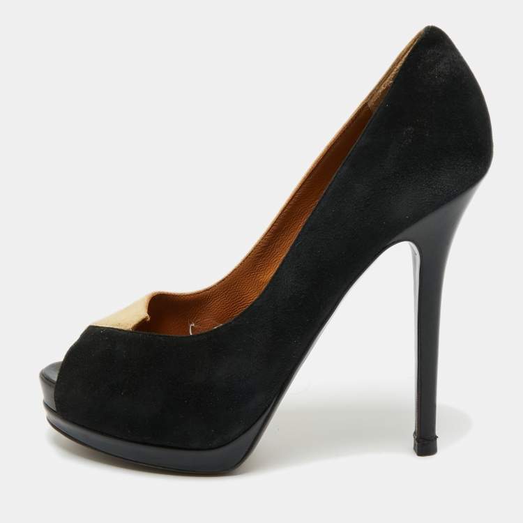 Pre Owned Fendi Black/Beige Suede Fendista Peep Toe Pumps Size 39
