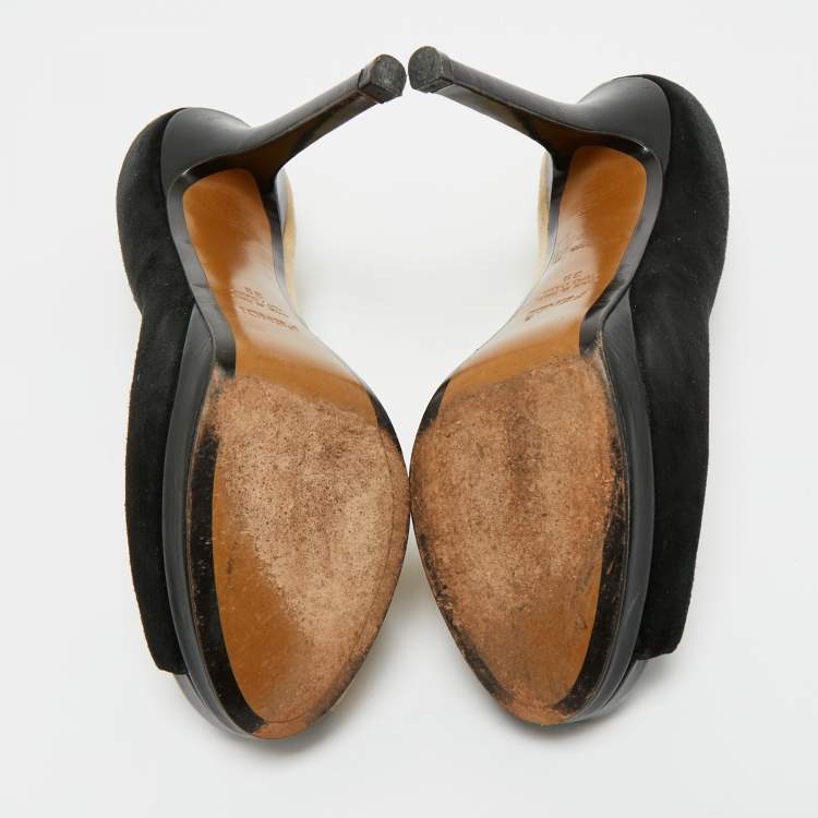Pre Owned Fendi Black/Beige Suede Fendista Peep Toe Pumps Size 39