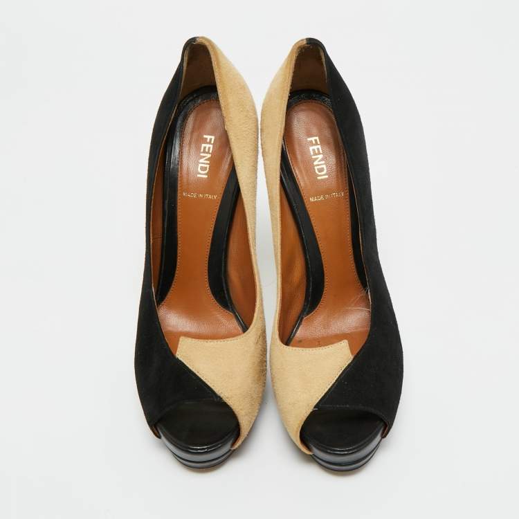Pre Owned Fendi Black/Beige Suede Fendista Peep Toe Pumps Size 39