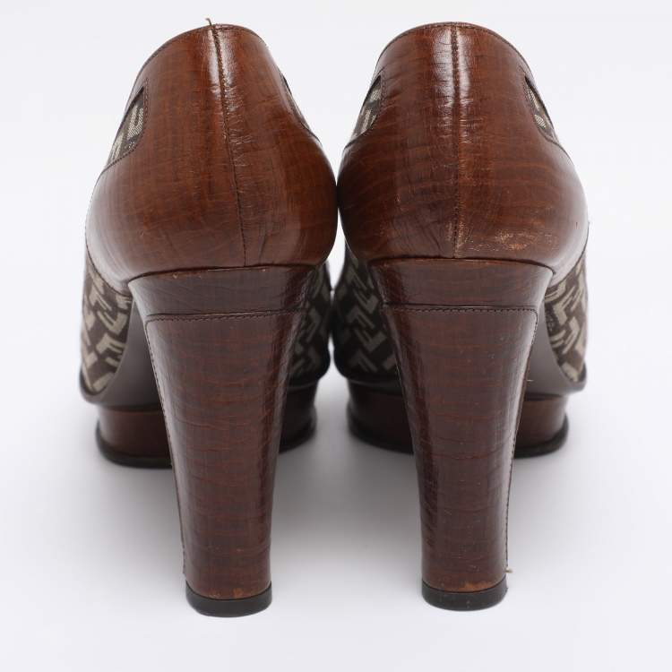 Pre Owned Fendi Brown Zucca Canvas and Leather Platform Pumps Size 40