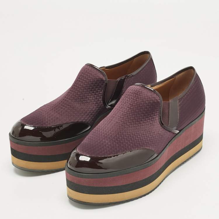 Pre Owned Fendi Burgundy Patent Leather and Canvas Platform Slip On Sneakers Size 39