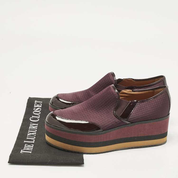 Pre Owned Fendi Burgundy Patent Leather and Canvas Platform Slip On Sneakers Size 39