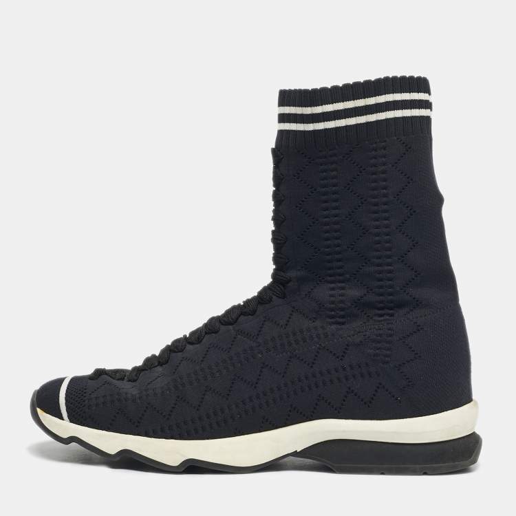 Pre Owned Fendi Black/White Knit Fabric Sock High Top Sneakers Size 39