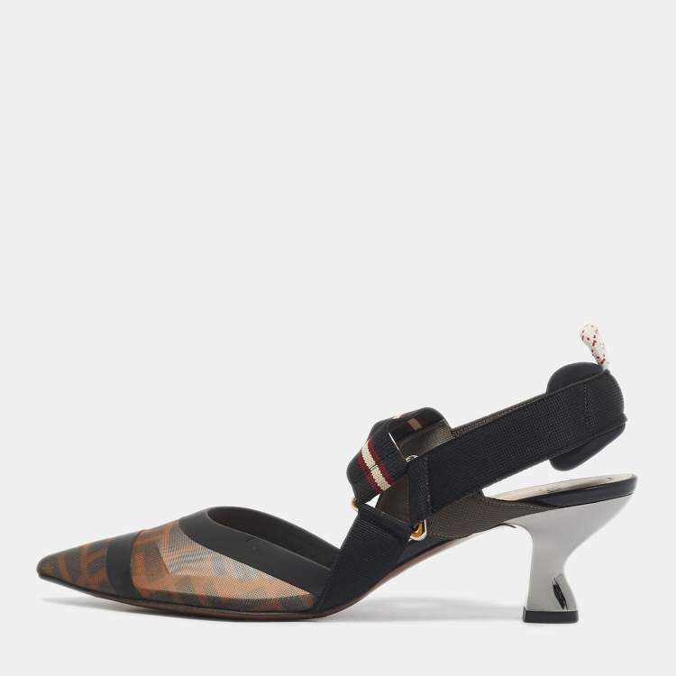 Pre Owned Fendi Multicolor Mesh and Canvas Colibri Slingback Pumps Size 39.5