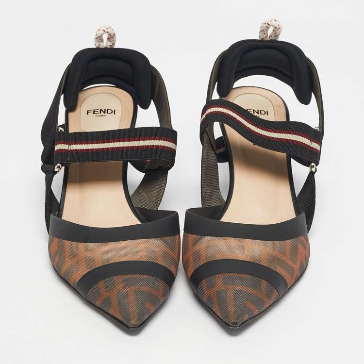 Pre Owned Fendi Multicolor Mesh and Canvas Colibri Slingback Pumps Size 39.5
